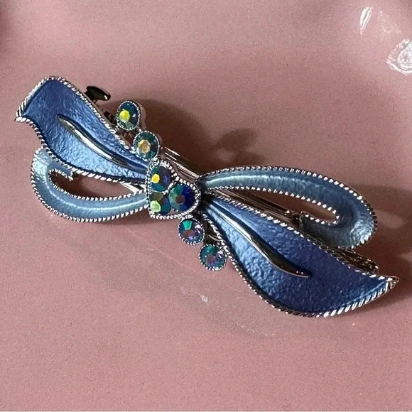 Light Blue Enamel and Crystal Bow & Heart Hair Barrette - Picture 2 of 6